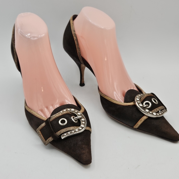 Prada Black & Gold Leather Buckle Pointed Toe High Heels size 39.5 / 9.5 - Picture 13 of 16